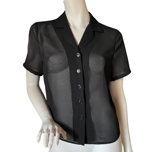 Never Worn. Black see through short sleeve top. Button front. - Picture 3 of 7